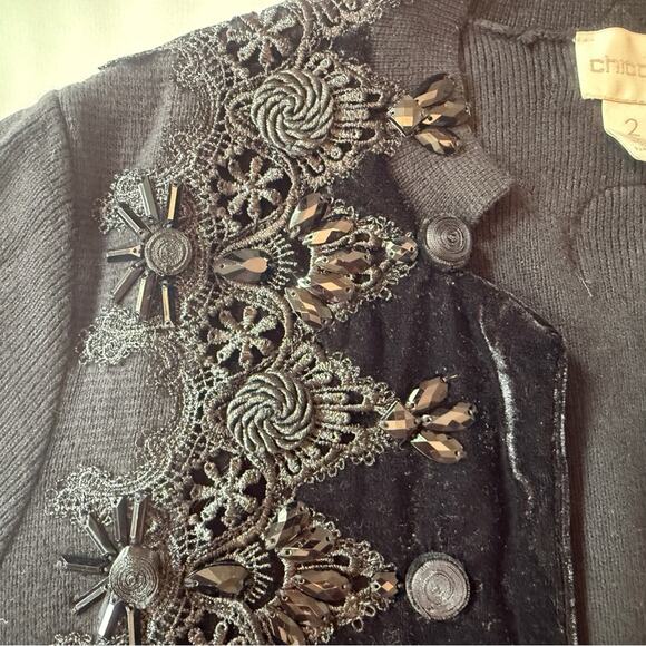 Vintage Chico’s Black Velvet Appliqué Beaded Knit Sweater Jacket Size 2 - Picture 5 of 14